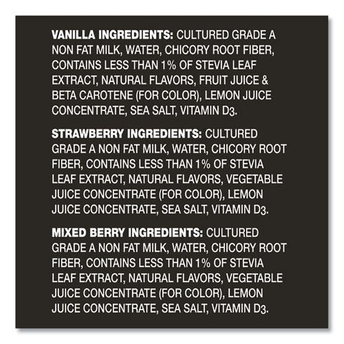 Picture of Triple Zero Blended Greek Nonfat Yogurt, 5.3 oz, Strawberry/Mixed Berry/Vanilla, 18/Carton