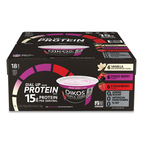 Picture of Triple Zero Blended Greek Nonfat Yogurt, 5.3 oz, Strawberry/Mixed Berry/Vanilla, 18/Carton