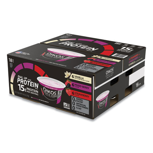 Picture of Triple Zero Blended Greek Nonfat Yogurt, 5.3 oz, Strawberry/Mixed Berry/Vanilla, 18/Carton
