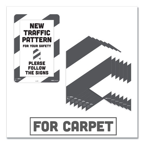 Picture of BeSafe Carpet Decals, New Traffic Pattern For Your Safety; Please Follow The Signs, 12 x 18, White/Gray, 7/Pack