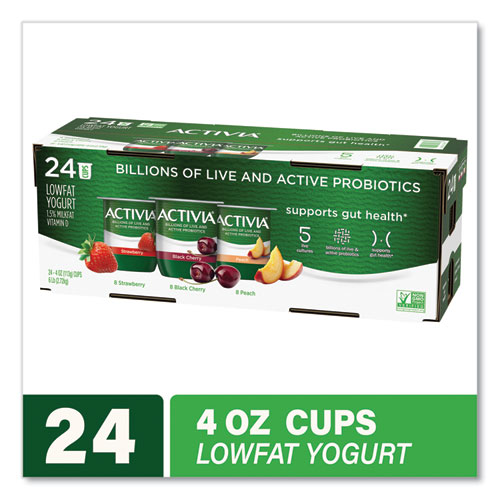 Picture of Probiotic Lowfat Yogurt, 4 oz Cups, Black Cherry/Peach/Strawberry, 24/Pack