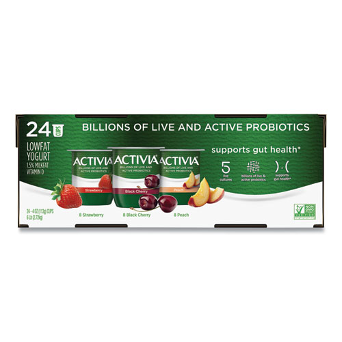 Picture of Probiotic Lowfat Yogurt, 4 oz Cups, Black Cherry/Peach/Strawberry, 24/Pack