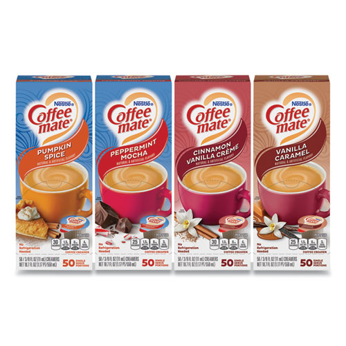 Picture of Liquid Coffee Creamer, Cinnamon/Peppermint/Pumpkin/Vanilla, 0.38 oz Mini Cups, 50/Pack, 4 Packs/Carton