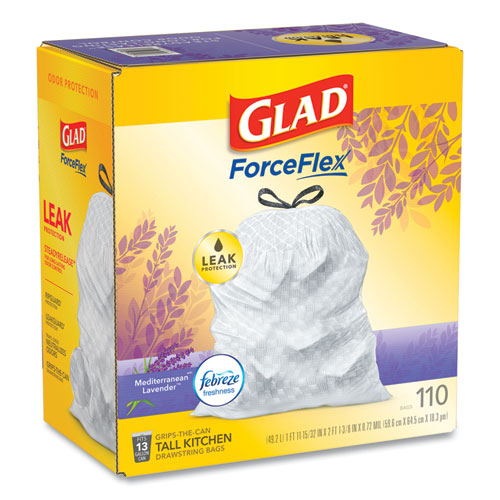 Picture of Glad OdorShield with Febreze, Drawstring, 13 gal, Mediterranean Lavender Scent, 10.18" x 9.81", White, 110/Box