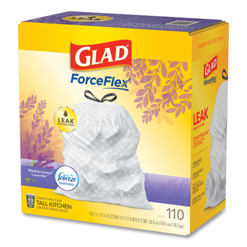 Picture of Glad OdorShield with Febreze, Drawstring, 13 gal, Mediterranean Lavender Scent, 10.18" x 9.81", White, 110/Box