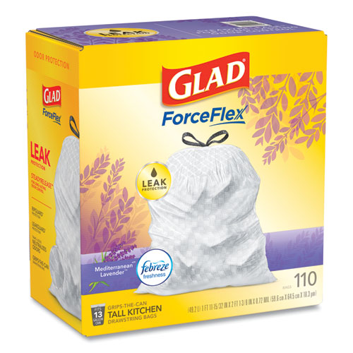 Picture of Glad OdorShield with Febreze, Drawstring, 13 gal, Mediterranean Lavender Scent, 10.18" x 9.81", White, 110/Box