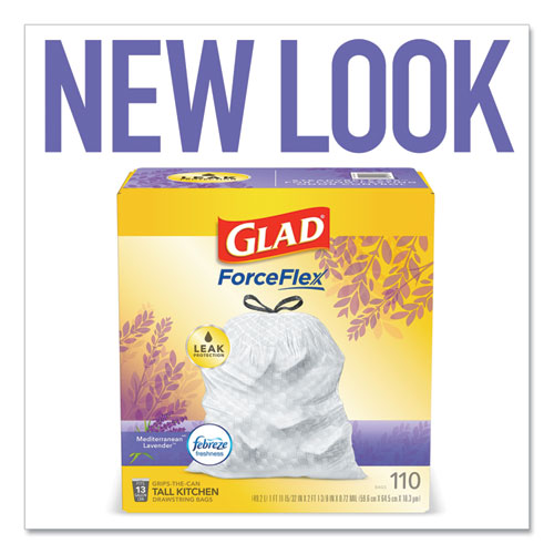 Picture of Glad OdorShield with Febreze, Drawstring, 13 gal, Mediterranean Lavender Scent, 10.18" x 9.81", White, 110/Box