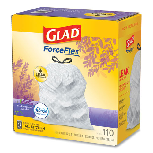 Picture of Glad OdorShield with Febreze, Drawstring, 13 gal, Mediterranean Lavender Scent, 10.18" x 9.81", White, 110/Box