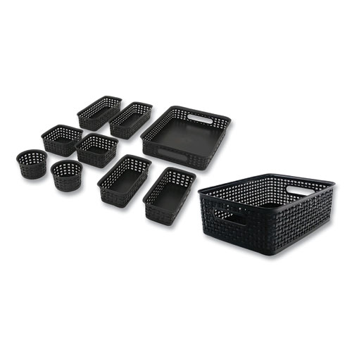 Picture of Plastic Weave Basket Bins, Assorted Sizes, Black, 10/Pack