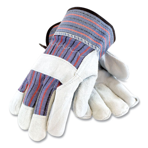 Picture of Shoulder Split Cowhide Leather Palm Gloves, B/C Grade, Medium, Blue/Gray, 12 Pairs