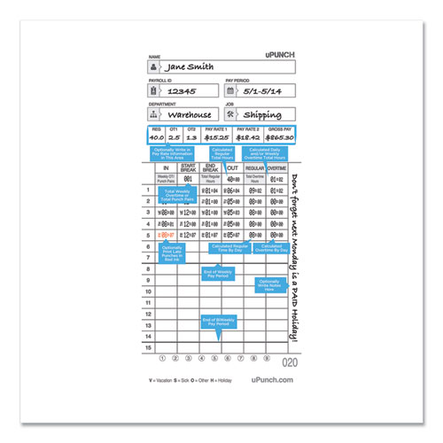 Picture of Time Clock Cards for uPunch HN4000, Two Sides, 7.37 x 3.37, 50/Pack