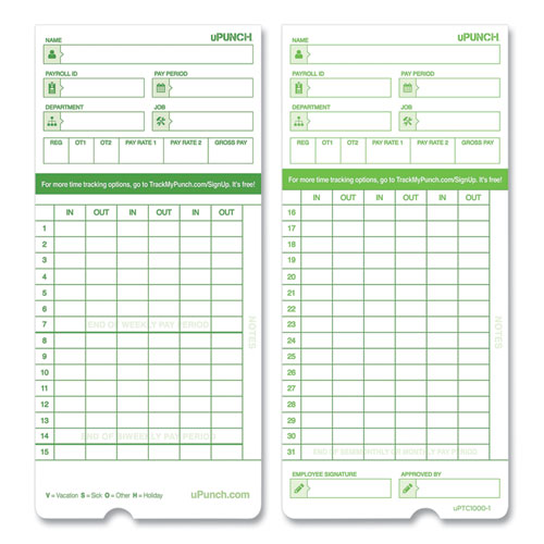 Picture of Time Clock Cards for uPunch HN3000, Two Sides, 7.37 x 3.37, 50/Pack