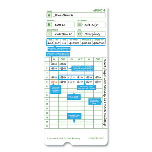 Picture of Time Clock Cards for uPunch HN3000, Two Sides, 7.37 x 3.37, 50/Pack