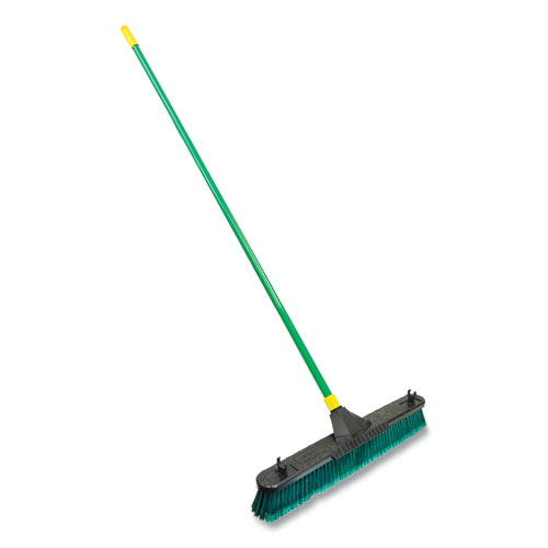 Picture of Bulldozer Multisurface Pushbroom with Scraper Block, 24 x 60, Powder Coated Steel Handle, Green/Black/Yellow