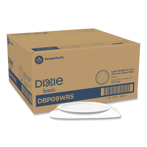 Picture of White Paper Plates, 8.5" dia, Wrapped in Packs of 5, White, 5/Pack, 100 Packs/Carton
