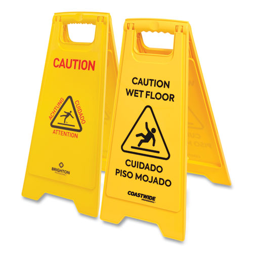 Picture of Multilingual Caution Floor Sign, Yellow, 12 x 1.2 x 25