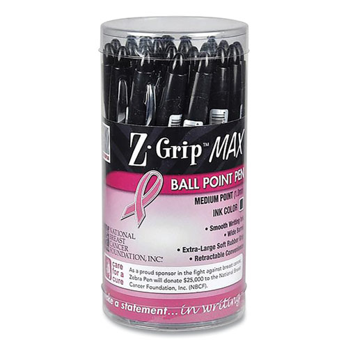 Picture of Z-Grip MAX Breast Cancer Awareness Ballpoint Pen, Retractable, Bold 1.2 mm, Black Ink, Silver/Black Barrel, 24/Pack