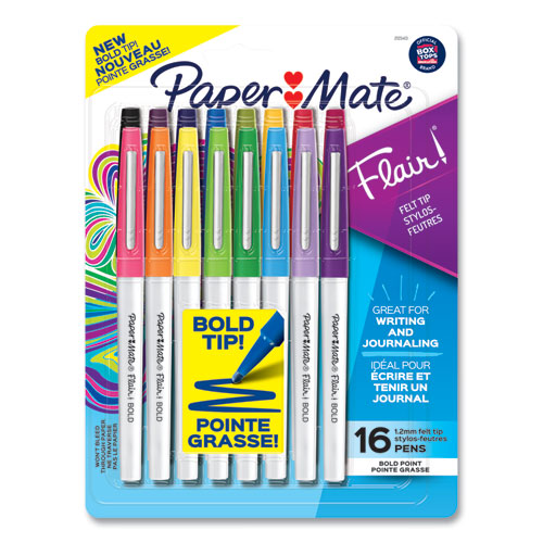 Picture of Flair Felt Tip Porous Point Pen, Stick, Bold 1.2 mm, Assorted Ink Colors, White Pearl Barrel, 16/Pack