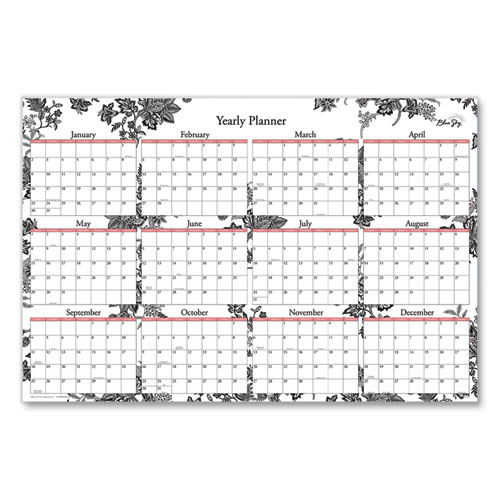 Picture of Analeis Laminated Erasable Wall Calendar, Floral Artwork, 36 x 24, White/Black/Coral Sheets, 12-Month (Jan to Dec): 2023