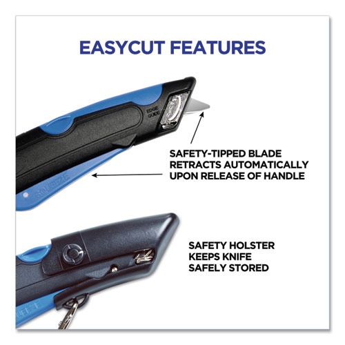 Picture of Easycut Self-Retracting Cutter with Safety-Tip Blade, Holster and Lanyard, 6" Plastic Handle, Black/Blue