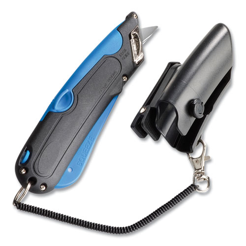 Picture of Easycut Self-Retracting Cutter with Safety-Tip Blade, Holster and Lanyard, 6" Plastic Handle, Black/Blue