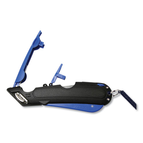 Picture of Easycut Self-Retracting Cutter with Safety-Tip Blade, Holster and Lanyard, 6" Plastic Handle, Black/Blue