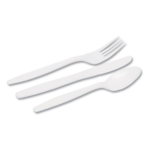 Picture of Combo Pack, Tray with White Plastic Utensils, 56 Forks, 56 Knives, 56 Spoons, 6 Packs