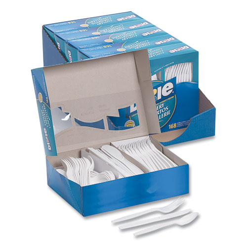 Picture of Combo Pack, Tray with White Plastic Utensils, 56 Forks, 56 Knives, 56 Spoons, 6 Packs