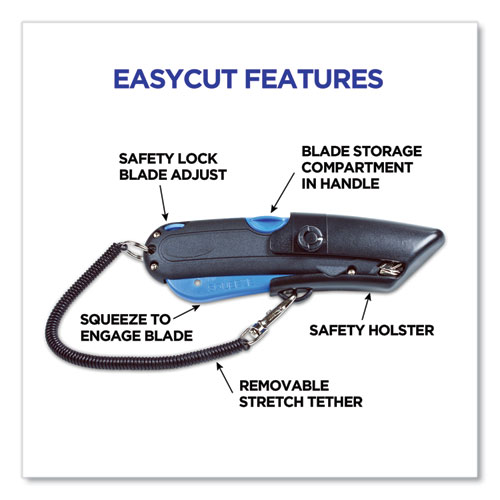 Picture of Easycut Self-Retracting Cutter with Safety-Tip Blade, Holster and Lanyard, 6" Plastic Handle, Black/Blue