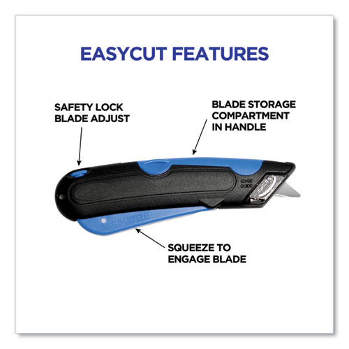 Picture of Easycut Cutter Knife w/Self-Retracting Safety-Tipped Blade, 6" Plastic Handle, Black/Blue