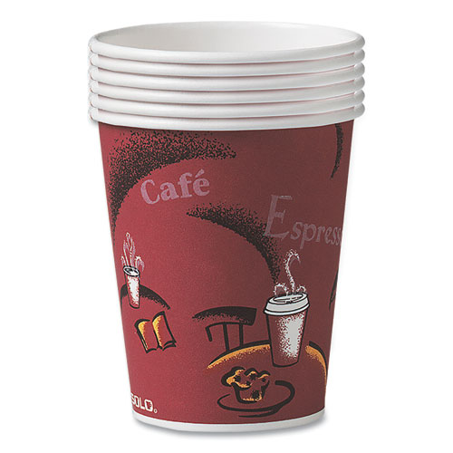 Picture of Paper Hot Drink Cups in Bistro Design, 8 oz, Maroon, 500/Carton