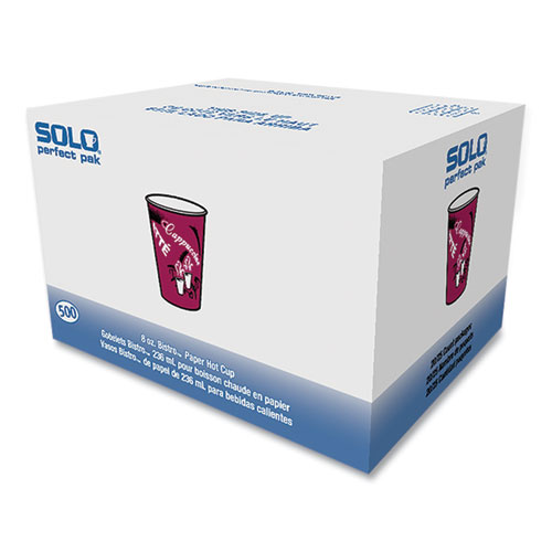 Picture of Paper Hot Drink Cups in Bistro Design, 8 oz, Maroon, 500/Carton