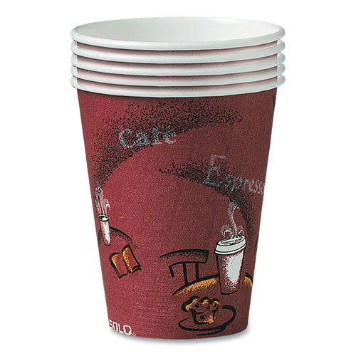 Picture of Paper Hot Drink Cups in Bistro Design, 10 oz, Maroon, 300/Carton