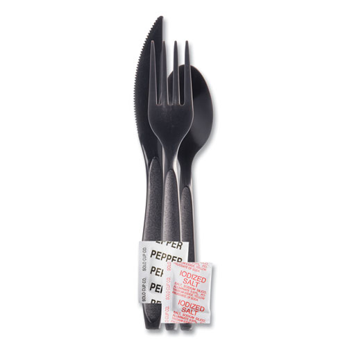 Picture of Reliance Mediumweight Cutlery Kit, Knife/Fork/Spoon/Salt/Pepper/Napkin, Black, 250 Kits/Carton