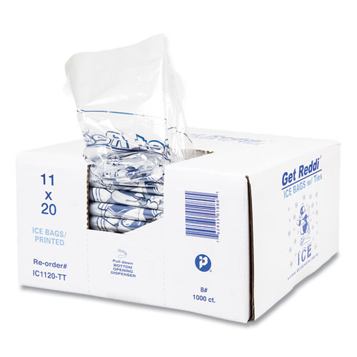 Picture of Ice Bags with Twist-Ties, Ice: Penguin Icon Labeling, 8 lb Capacity, 11" x 20", Clear, 1,000/Carton