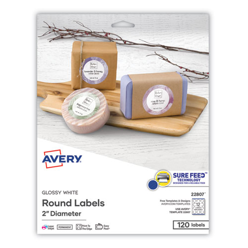 Picture of Round Print-to-the Edge Labels with Sure Feed and Easy Peel, 2" dia, Glossy White, 120/PK
