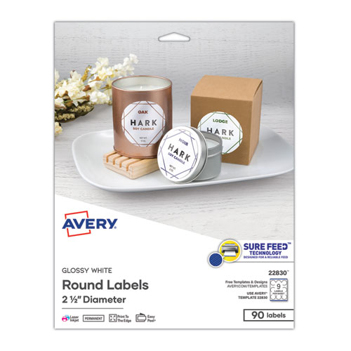 Picture of Round Print-to-the Edge Labels with SureFeed, 2.5" dia, Glossy White, 90/PK