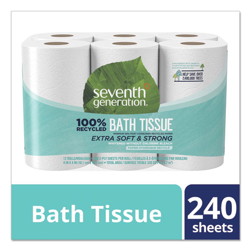 Picture of 100% Recycled Bathroom Tissue, Septic Safe, 2-Ply, White, 240 Sheets/Roll, 12/Pack