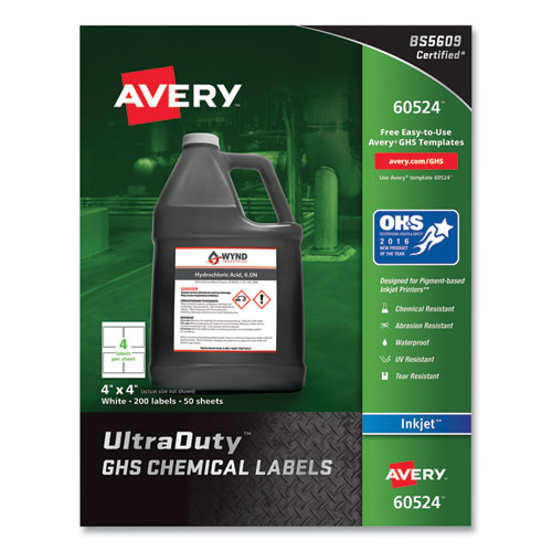 Picture of UltraDuty GHS Chemical Waterproof and UV Resistant Labels, 4 x 4, White, 4/Sheet, 50 Sheets/Pack