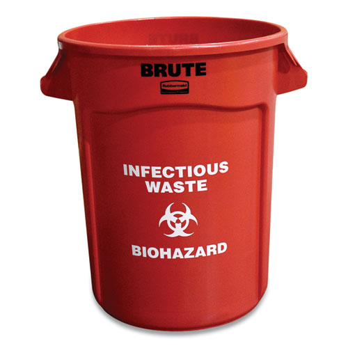 Picture of Vented Round Brute Container, "Infectious Waste: Biohazard" Imprint, 32 gal, Plastic, Red