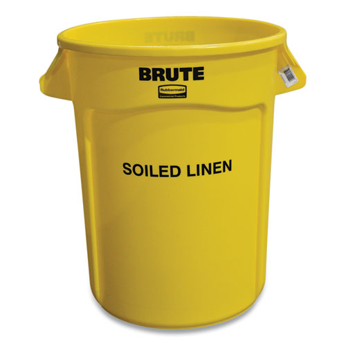 Picture of Vented Round Brute Container, "Soiled Linen" Imprint, 32 gal, Plastic, Yellow