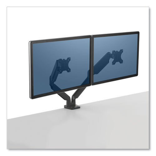 Picture of Platinum Series Dual Monitor Arm for 27" Monitors, 360 deg Rotation, +85 deg/-20 deg Tilt, 360 deg Pan, Black, Supports 20 lb