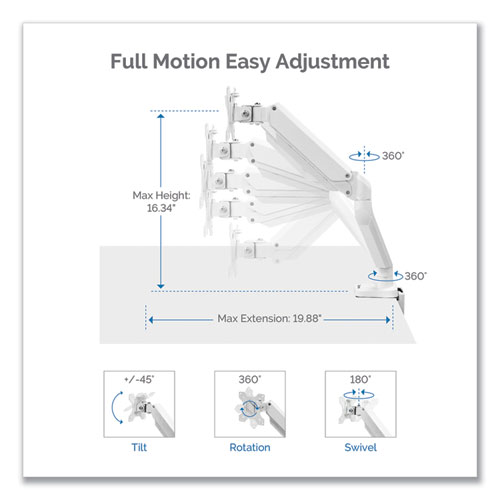 Picture of Platinum Series Dual Monitor Arm, For 27" Monitors, 360 deg Rotation, 45 deg Tilt, 180 deg Pan, White, Supports 20 lb