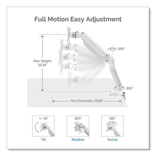 Picture of Platinum Series Single Monitor Arm, For 27" Monitors, 360 deg Rotation, 45 deg Tilt, 180 deg Pan, White, Supports 20 lb