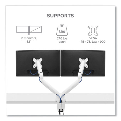 Picture of Platinum Series Dual Monitor Arm, For 27" Monitors, 360 deg Rotation, 45 deg Tilt, 180 deg Pan, White, Supports 20 lb