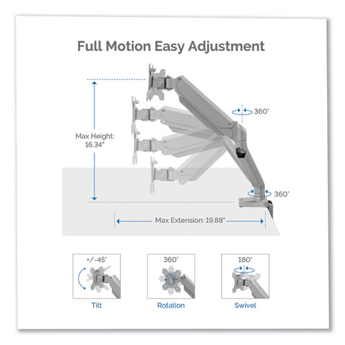 Picture of Platinum Series Single Monitor Arm, For 27" Monitors, 360 deg Rotation, 45 deg Tilt, 180 deg Pan, Silver, Supports 20 lb