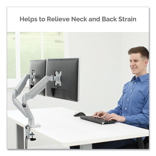 Picture of Platinum Series Dual Monitor Arm, For 27" Monitors, 360 deg Rotation, 45 deg Tilt, 180 deg Pan, Silver, Supports 20 lb