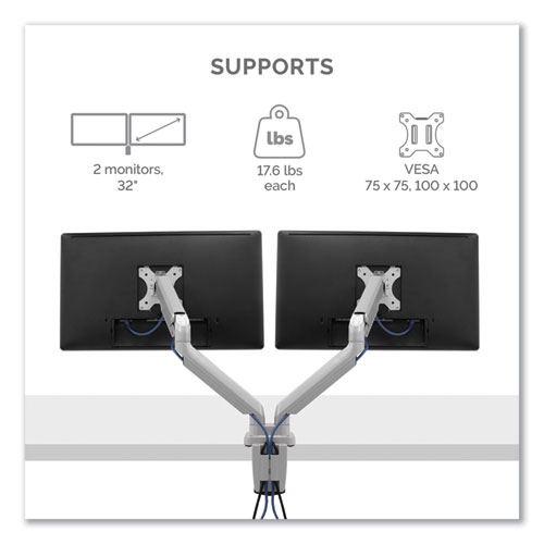 Picture of Platinum Series Dual Monitor Arm, For 27" Monitors, 360 deg Rotation, 45 deg Tilt, 180 deg Pan, Silver, Supports 20 lb