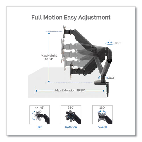 Picture of Platinum Series Dual Monitor Arm for 27" Monitors, 360 deg Rotation, +85 deg/-20 deg Tilt, 360 deg Pan, Black, Supports 20 lb