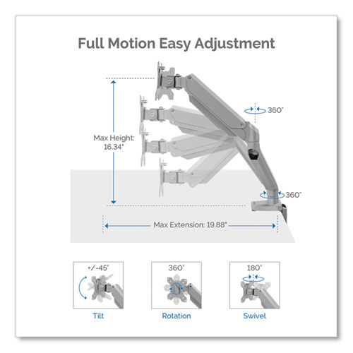 Picture of Platinum Series Dual Monitor Arm, For 27" Monitors, 360 deg Rotation, 45 deg Tilt, 180 deg Pan, Silver, Supports 20 lb